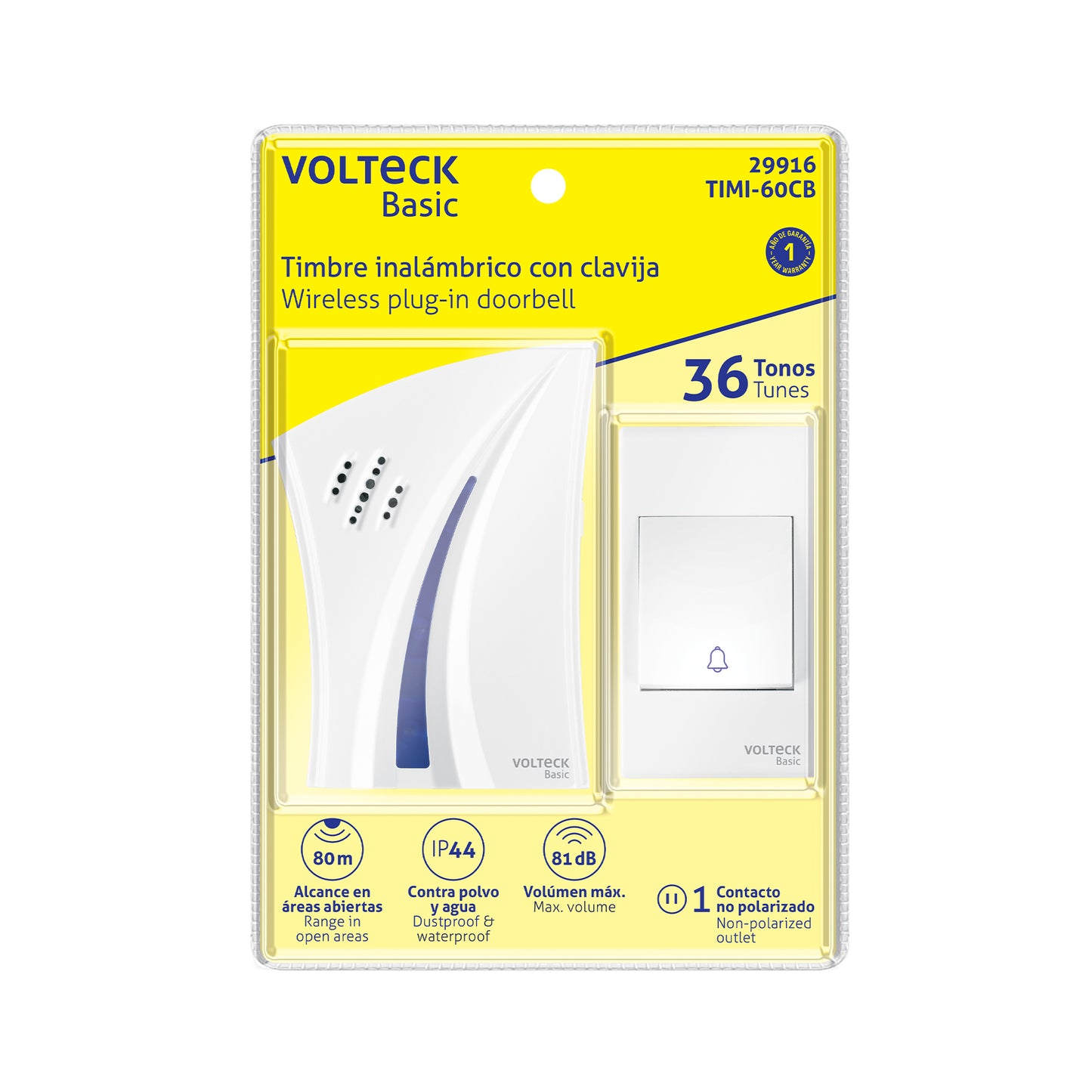 TIMBRE INALÁMBRICO CON CLAVIJA, 36 TONOS, VOLTECK BASIC 29916 *