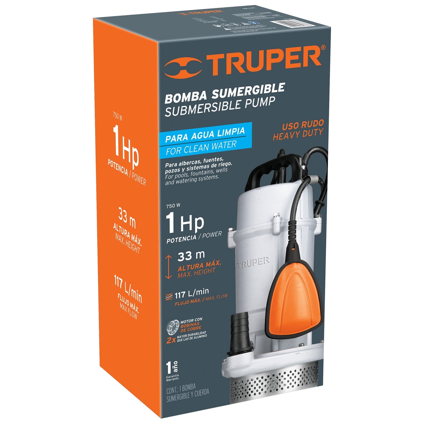 BOMBA SUMERGIBLE METÁLICA PARA AGUA LIMPIA USO RUDO 1 HP 15003 *
