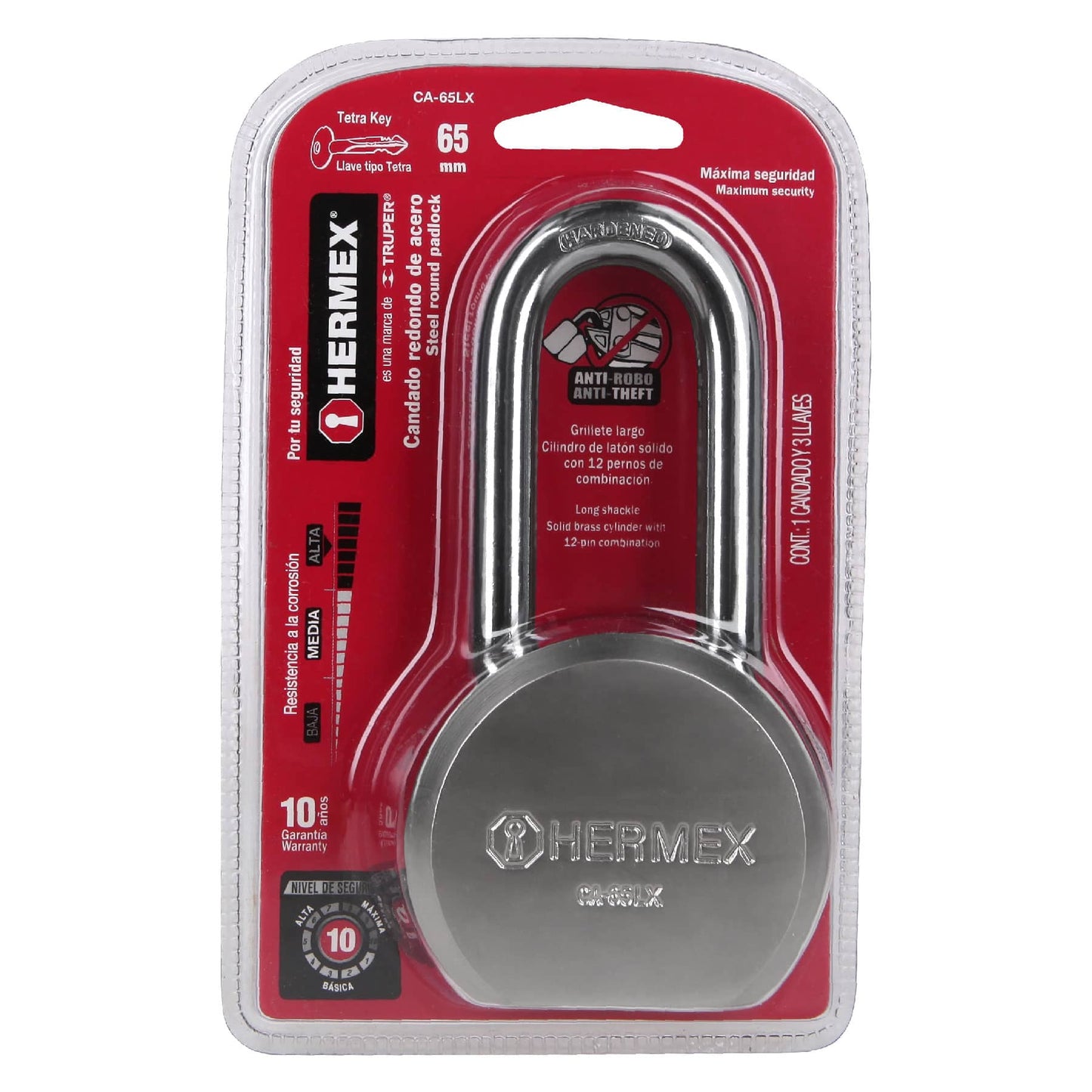 CANDADO REDONDO, 65MM, GL, LLAVE TETRA, 43339 *