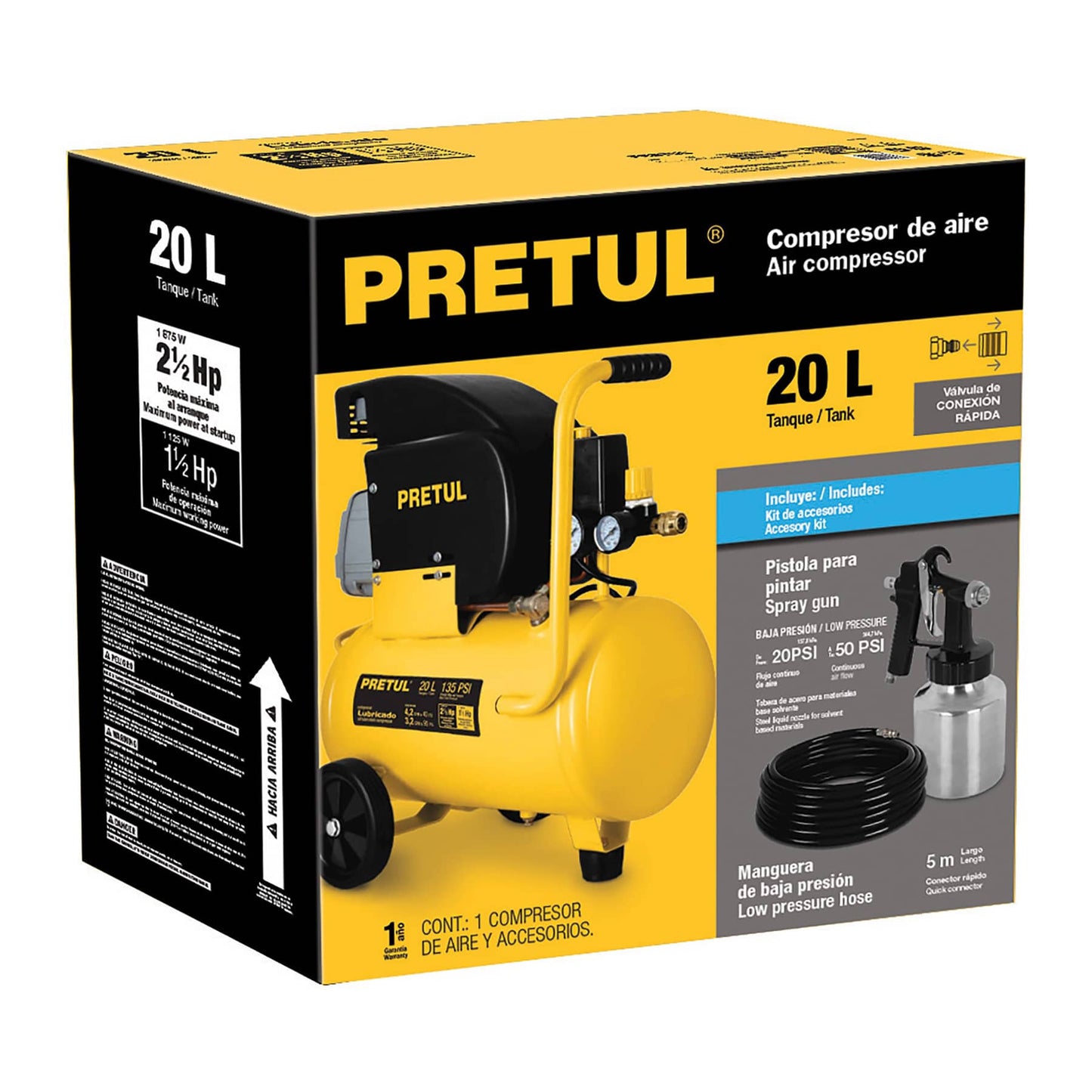 KIT COMPRESOR 20L, 2-1/2 HP, MANGUERA Y PISTOLA, PRETUL 24357 *