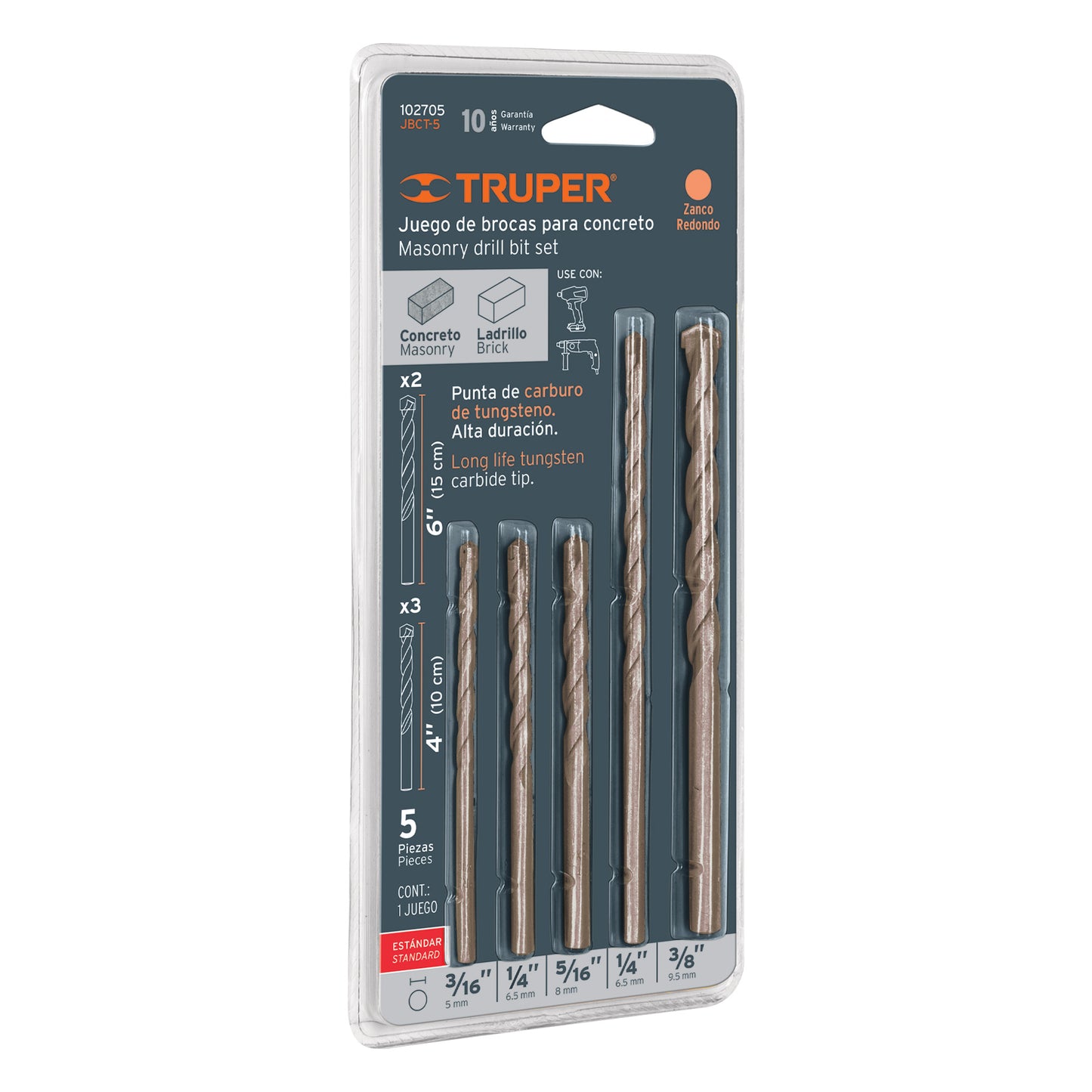 JUEGO DE 5 BROCAS PARA CONCRETO, PUNTA DE CARBURO, TRUPER 102705 *