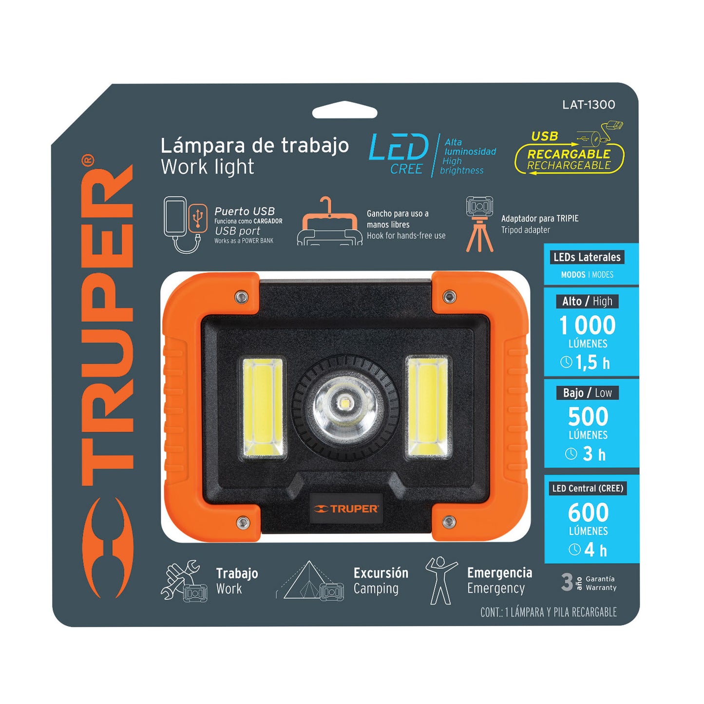 LÁMPARA DE TRABAJO RECARGABLE DE LEDS LATERALES Y CENTRAL 14631 N