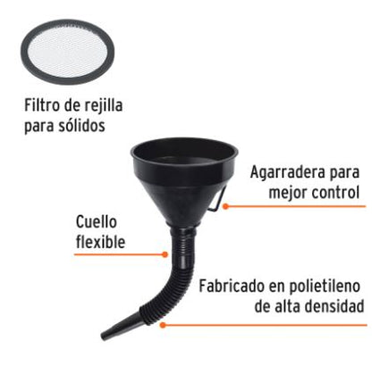 EMBUDO PLÁSTICO 500ML, CUELLO FLEXIBLE CON FILTRO, TRUPER 11207 *
