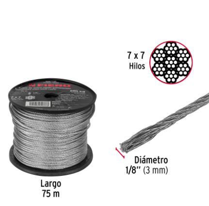 METRO DE CABLE RÌGIDO 1/8'' DE ACERO 7 X 7 HILOS, 75M FIERO 44205 *