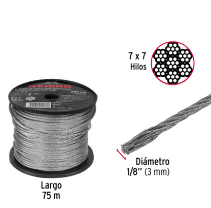 METRO DE CABLE RÌGIDO 1/8'' DE ACERO 7 X 7 HILOS, 75M FIERO 44205 *