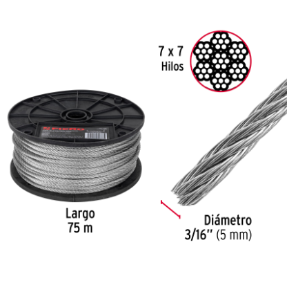 METRO DE CABLE RÌGIDO 3/16'' DE ACERO 7 X 7 HILOS, 75M FIERO 44206 *