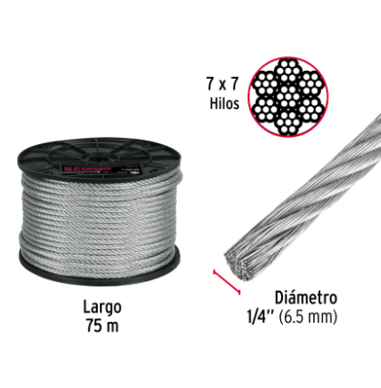 METRO DE CABLE RÌGIDO 1/4'' DE ACERO 7 X 7 HILOS, 75M, FIERO 44207 P