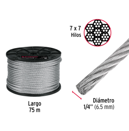METRO DE CABLE RÌGIDO 1/4'' DE ACERO 7 X 7 HILOS, 75M, FIERO 44207 P