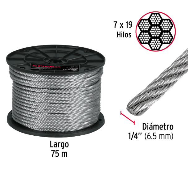 METRO DE CABLE FLEXIBLE 1/4'' DE ACERO 7 X 19 HILOS, 75M 44213 N
