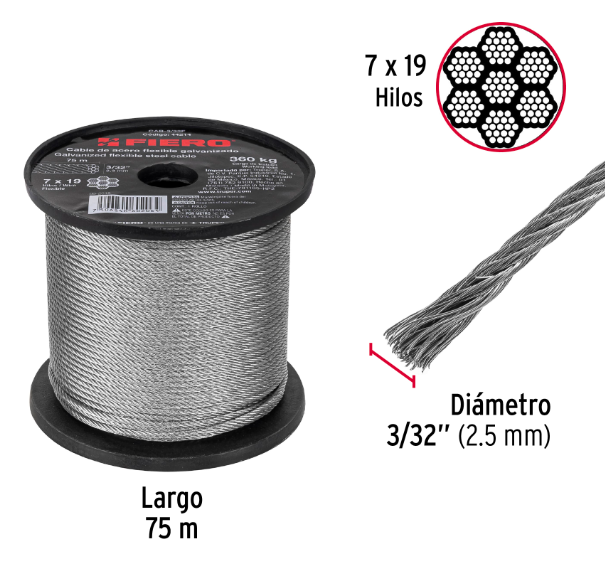 METRO DE CABLE FLEXIBLE 3/32'' DE ACERO 7 X 19HILOS, 75M 44214 N