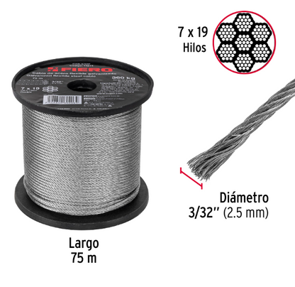 METRO DE CABLE FLEXIBLE 3/32'' DE ACERO 7 X 19HILOS, 75M 44214 N