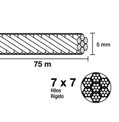 METRO DE CABLE RÌGIDO 3/16'' ACERO 7 X 7, HILOS RECUBIERTO PVC 44217 P