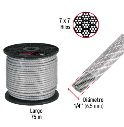 METRO DE CABLE RÌGIDO 1/4'' 7X7 RECUBIERTO PVC 44218 P