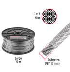 METRO DE CABLE RÌGIDO 1/8'' ACERO 7X7 RECUBIERTO PVC, 75M 44219 P