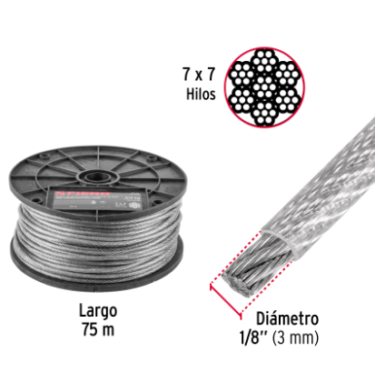 METRO DE CABLE RÌGIDO 1/8'' ACERO 7X7 RECUBIERTO PVC, 75M 44219 P