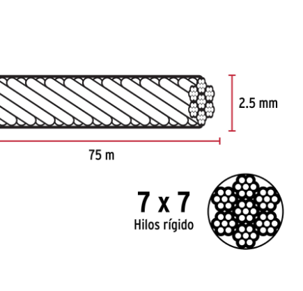 METRO DE CABLE RÌGIDO 3/32'' ACERO 7X7 RECUBIERTO PVC, 44221 *