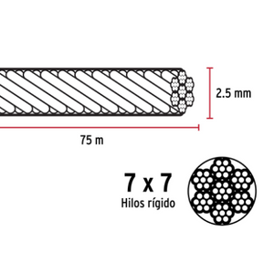 METRO DE CABLE RÌGIDO 3/32'' ACERO 7X7 RECUBIERTO PVC, 44221 P