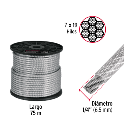 METRO CABLE FLEXIBLE 1/4'' ACERO 7X19 RECUBIERTO PVC, 75M 44224 N