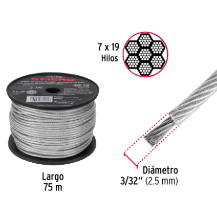 METRO CABLE FLEXIBLE 3/32'' ACERO 7X19 REUBIERTO PVC, 75M 44226 *