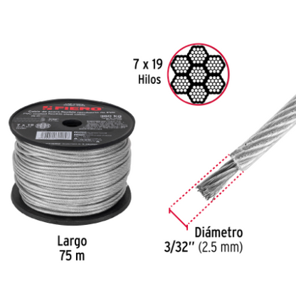 METRO CABLE FLEXIBLE 3/32'' ACERO 7X19 REUBIERTO PVC, 75M 44226 *