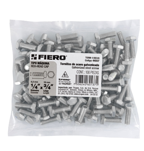 BOLSA CON 100 TORNILLOS 1/4" X 3/4" TIPO MÁQUINA, FIERO 44557 N
