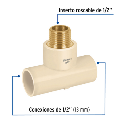 TEE ROSCA CENTRAL MACHO CPVC 1/2' INSERTO LATÓN, FOSET 48911 N
