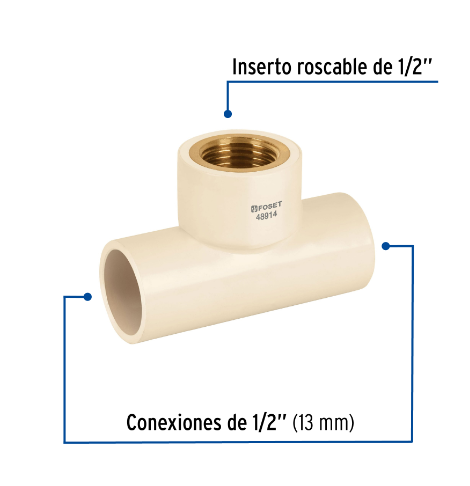 TEE ROSCA CENTRAL HEMBRA CPVC 1/2'' INSERTO LATÓN, FOSET 48914 N