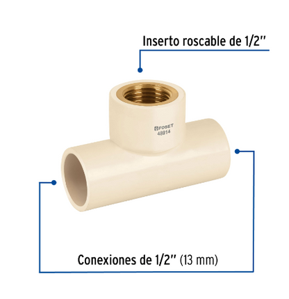 TEE ROSCA CENTRAL HEMBRA CPVC 1/2'' INSERTO LATÓN, FOSET 48914 N