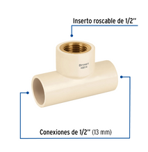 Cargar imagen en el visor de la galería, TEE ROSCA CENTRAL HEMBRA CPVC 1/2&#39;&#39; INSERTO LATÓN, FOSET 48914 N
