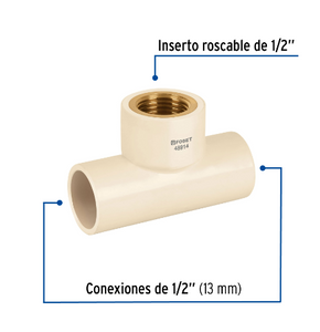 TEE ROSCA CENTRAL HEMBRA CPVC 1/2'' INSERTO LATÓN, FOSET 48914 N