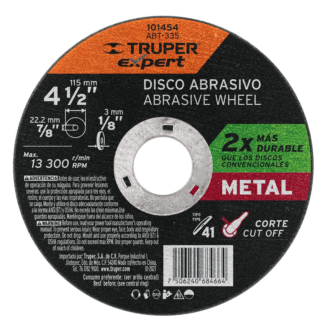 DISCO PARA CORTE DE METAL 4-1/2'' TIPO 41, TRUPER EXPERT 101454 *
