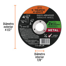 Cargar imagen en el visor de la galería, DISCO PARA CORTE DE METAL 4-1/2&#39;&#39; TIPO 41, TRUPER EXPERT 101454 *
