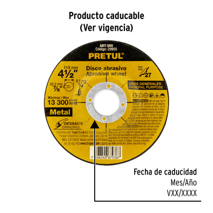 DISCO TIPO 27 DE 4-1/2'' X 6.2MM DESBASTE DE METAL, PRETUL 29955 *