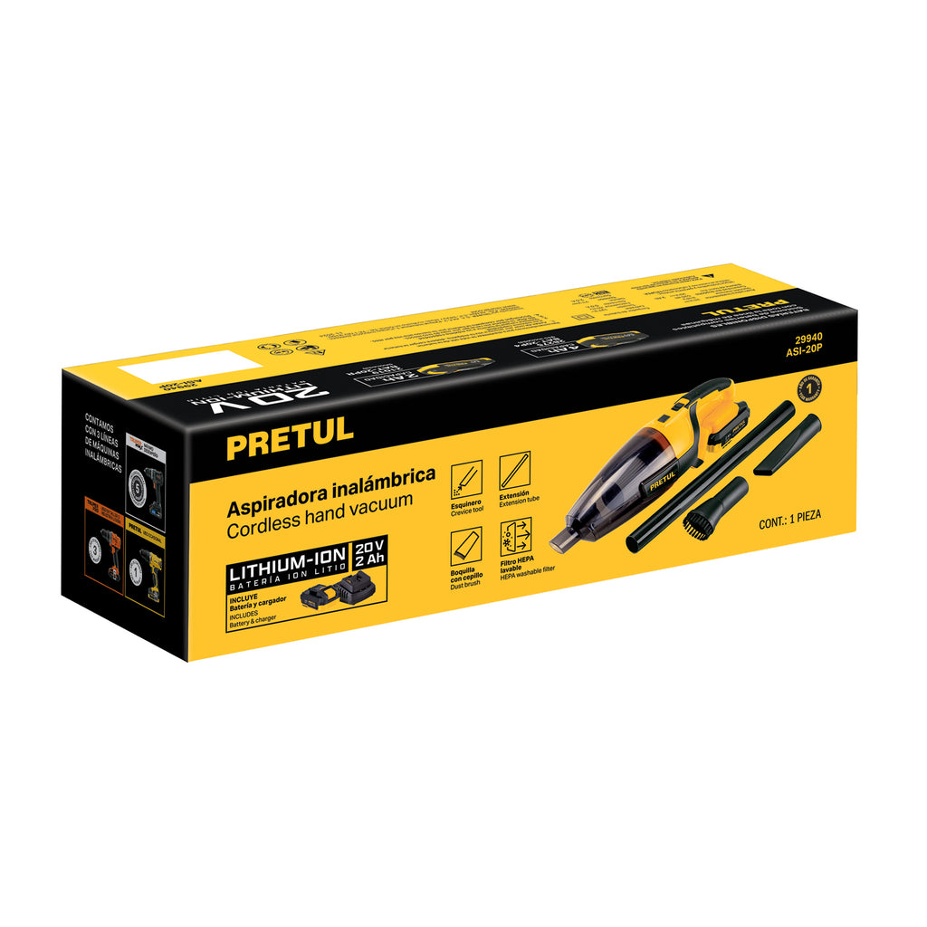 ASPIRADORA PARA AUTO 20 V 1 BATERIA 2Ah, PRETUL 29940 *