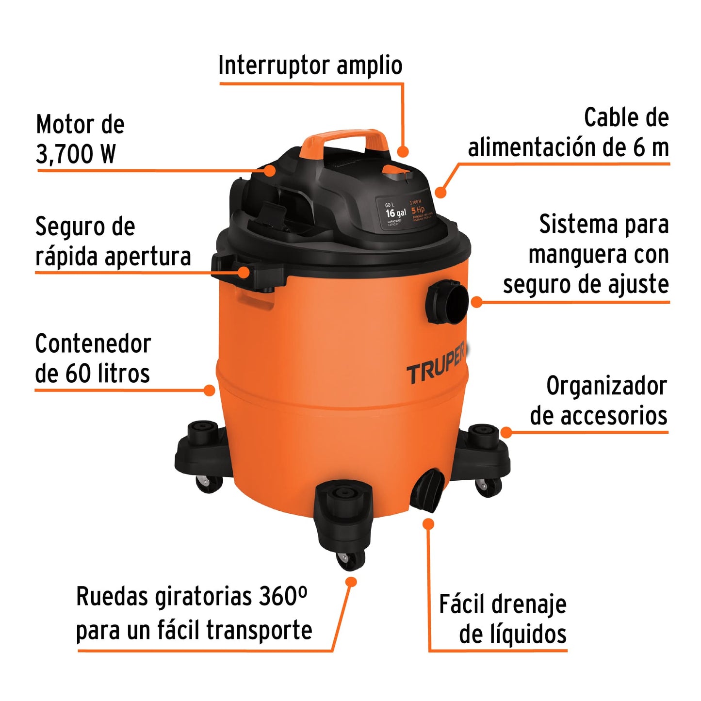ASPIRADORA SÓLIDOS/LÍQUIDOS 16 GAL PLÁSTICO 101520 *