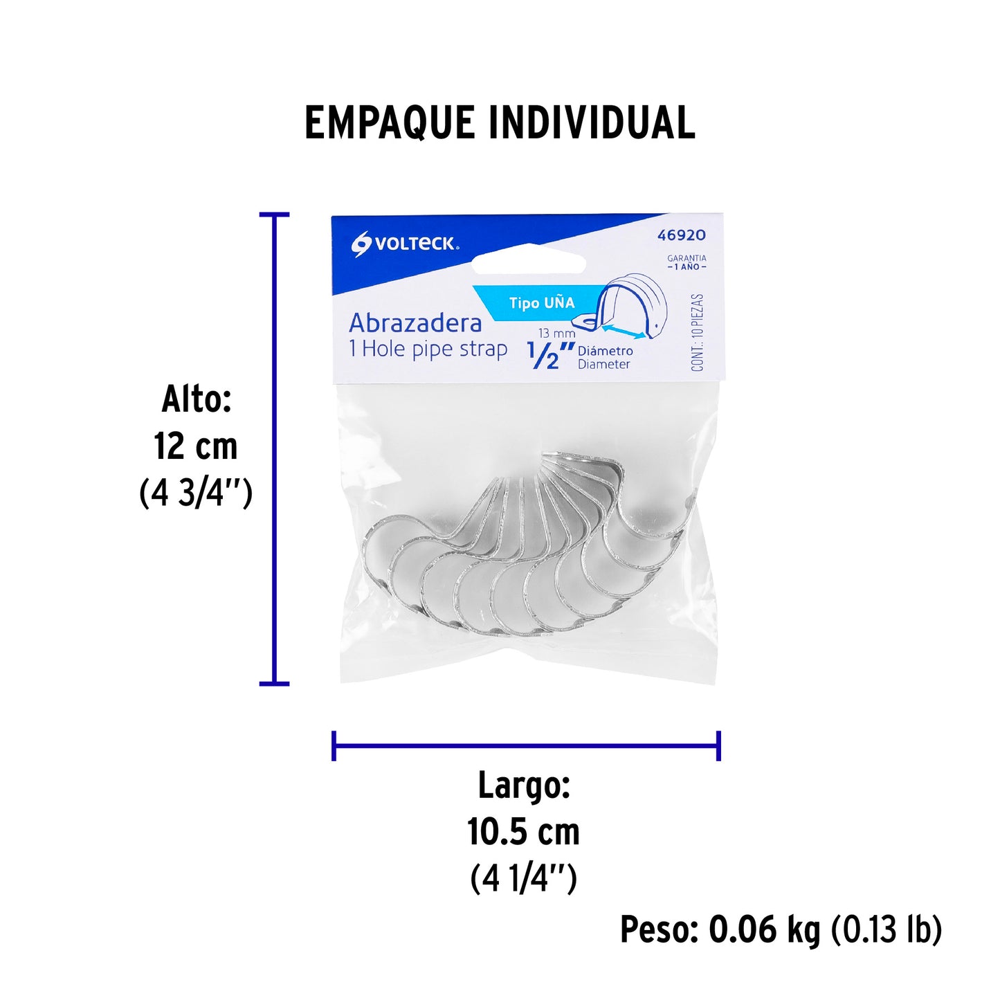 BOLSA CON 10 ABRAZADERA 1/2'' TIPO UÑA, VOLTECK 46920 P