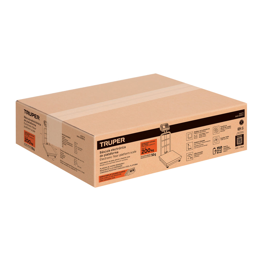 BÁSCULA ELECTRÓNICA DE PLATAFORMA, 200 KG, INOXIDABLE TRUPER 103771 *