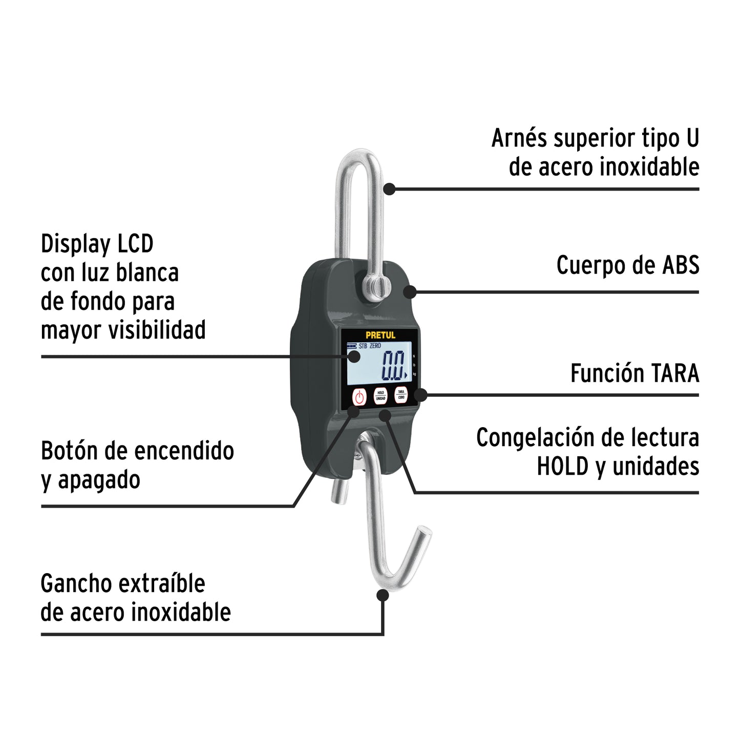 BÁSCULA ELECTRÓNICA COLGANTE 300 KG, DE PILAS, PRETUL 29918 *