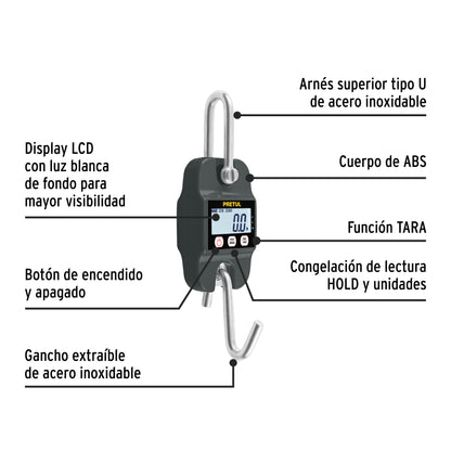 BÁSCULA ELECTRÓNICA COLGANTE 300 KG, DE PILAS, PRETUL 29918 *