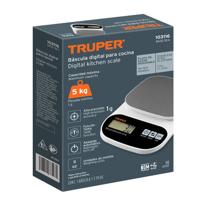 BÀSCULA DIGITAL PARA COCINA, PLATO DE ACERO INOX, 5KG, TRUPER 103116 *