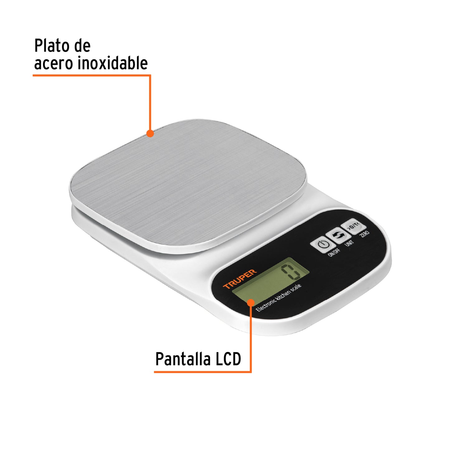 BÀSCULA DIGITAL PARA COCINA, PLATO DE ACERO INOX, 5KG, TRUPER 103116 *