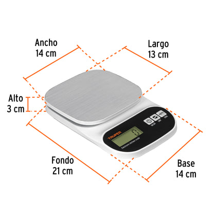 BÀSCULA DIGITAL PARA COCINA, PLATO DE ACERO INOX, 5KG, TRUPER 103116 *