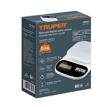 BÁSCULA DIGITAL BASE DE VIDRIO PARA COCINA, CAPACIDAD 5KG 15160 *