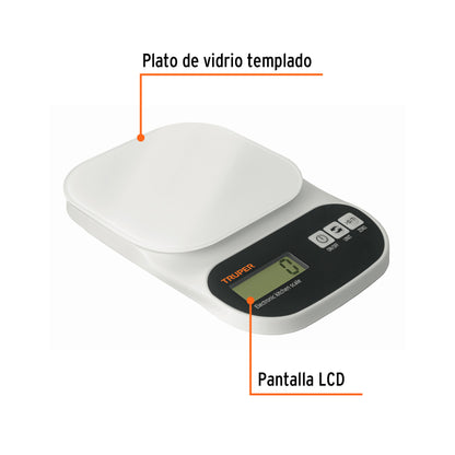 BÁSCULA DIGITAL BASE DE VIDRIO PARA COCINA, CAPACIDAD 5KG 15160 *