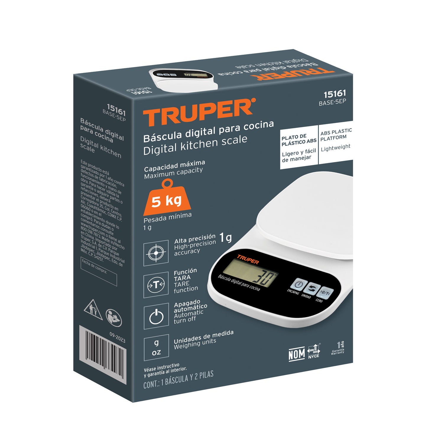BÁSCULA DIGITAL BASE PLÁSTICA PARA COCINA CAPACIDAD 5KG 15161 *
