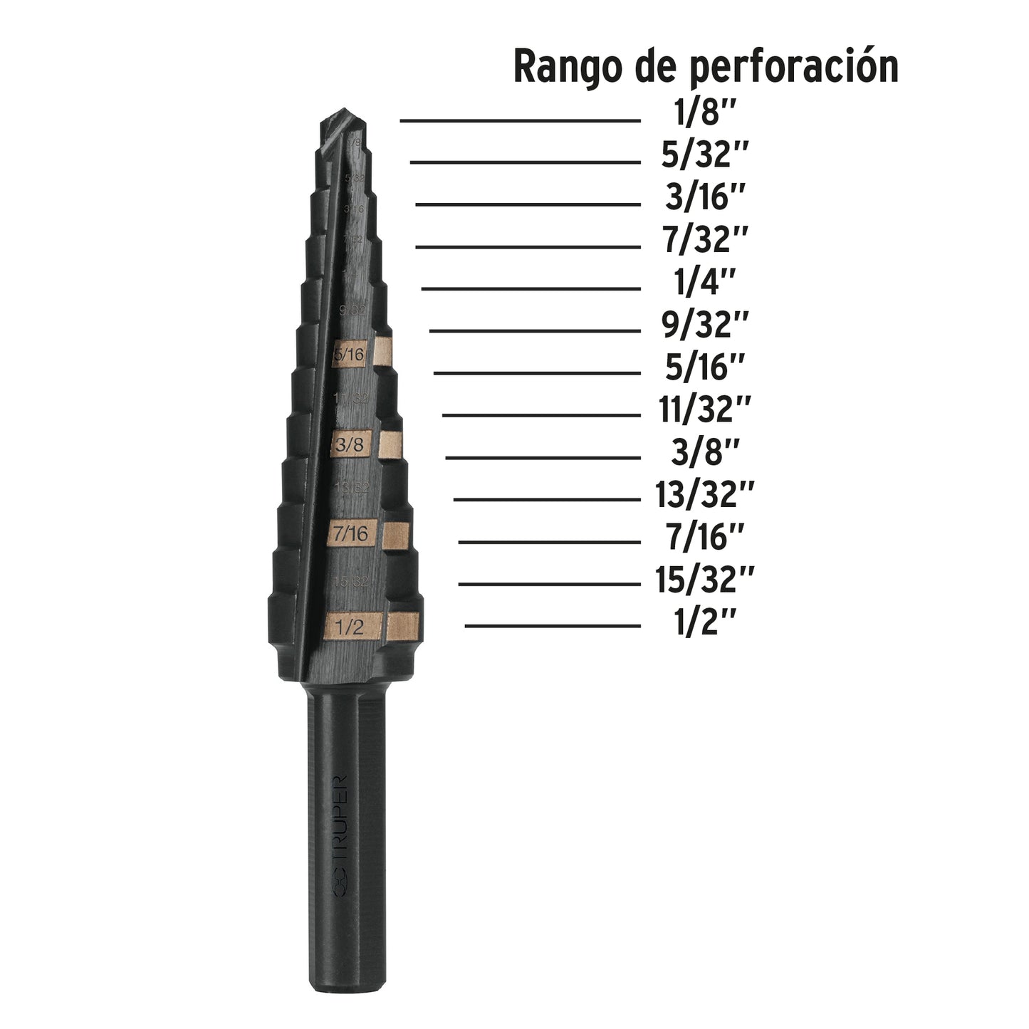 BROCA ESCALONADA ÓXIDO NEGRO 13 ESCALONES 1/8'' A 1/2'', TRUPER 12122 *