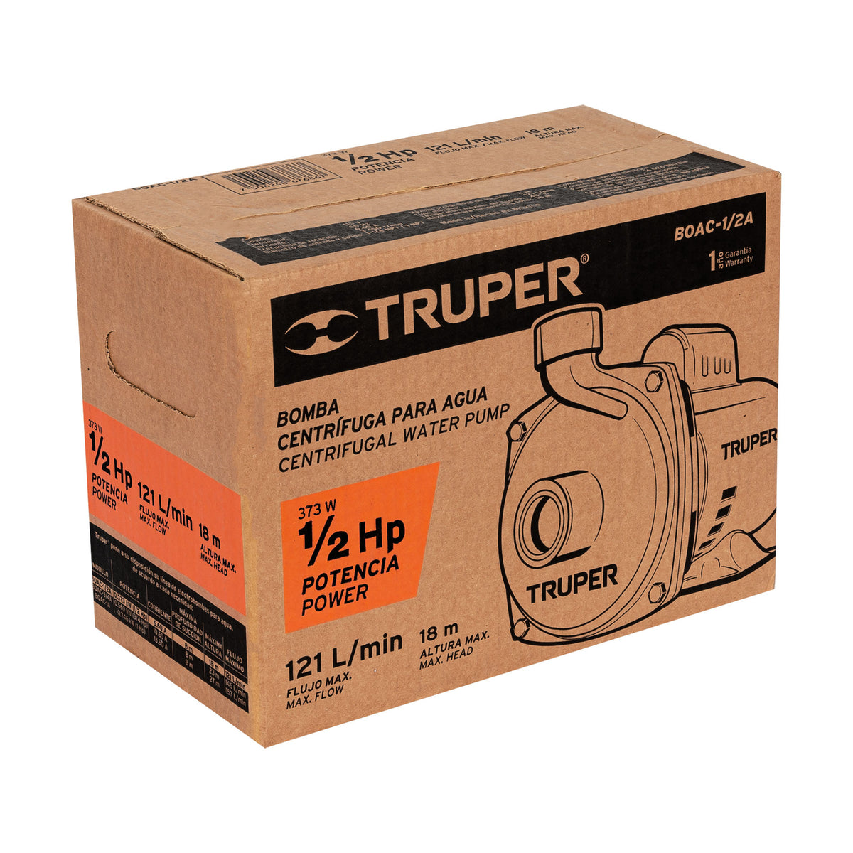 BOMBA CENTRÍFUGA PARA AGUA DE 1/2 HP, TRUPER 100388 *