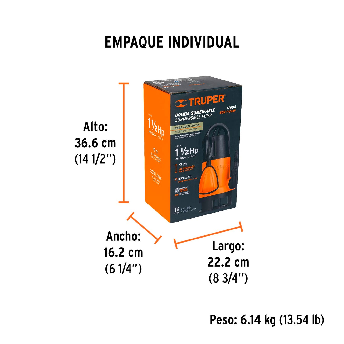 BOMBA SUMERGIBLE PLÁSTICA, 1-1/2 HP PARA AGUA SUCIA, TRUPER 12604 *