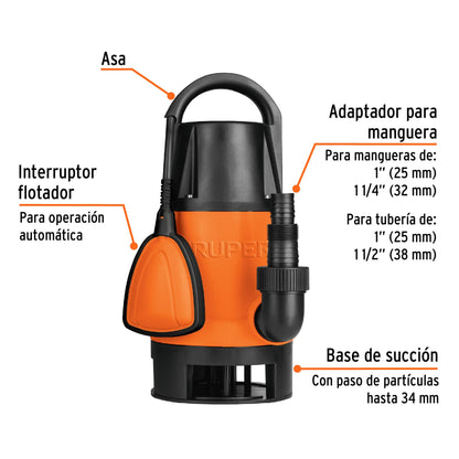 BOMBA SUMERGIBLE PLÁSTICA, 1-1/2 HP PARA AGUA SUCIA, TRUPER 12604 *