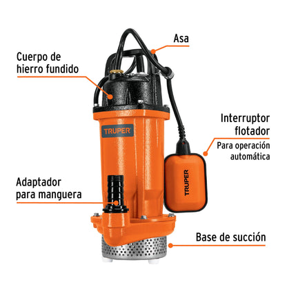 BOMBA SUMERGIBLE HIERRO FUNDIDO, AGUA LIMPIA, 1/2 HP, TRUPER 100169 P